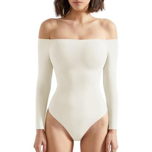 Women Off the Shoulder Long Sleeve White Bodysuit Double Lined Thong Bodysuit - Picture 9 of 9